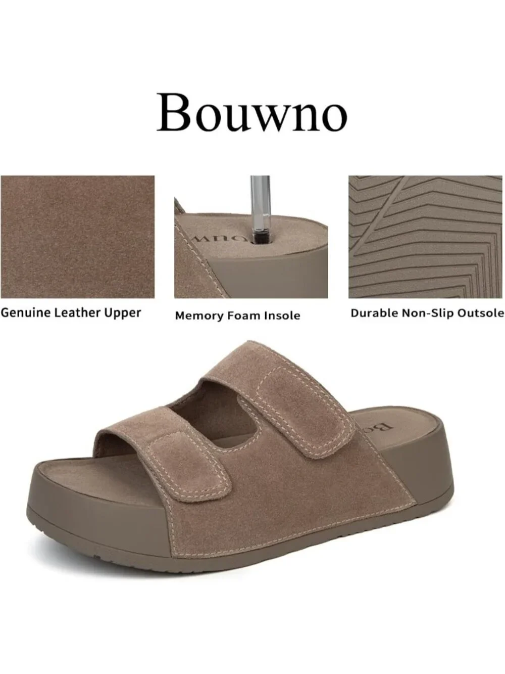 Women's Light Brown Genuine Leather Slip on Slide Buckle Platform Sandal Shoes
